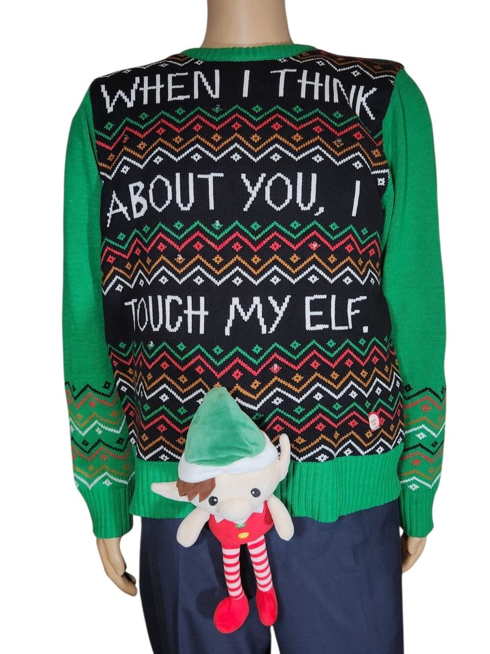Spencer’s Ugly Christmas Sweater Men’s XLarge When I Think Of You I Touch My Elf